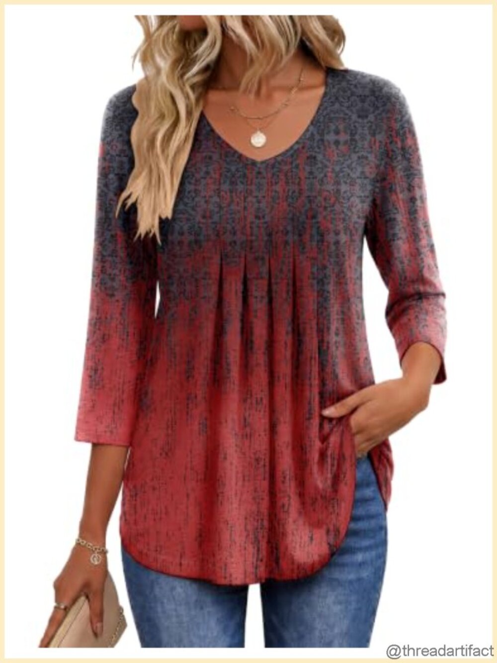 Womens 3/4 Sleeve Tops V Neck Pleated Blouse Casual Shirt
